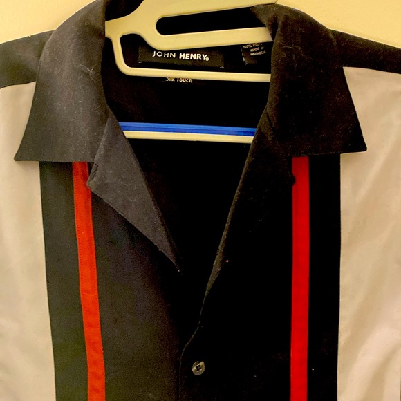 Vintage bowling shirt, retro, black, pale grey and mauve stripe, silk touch - Picture 5 of 6